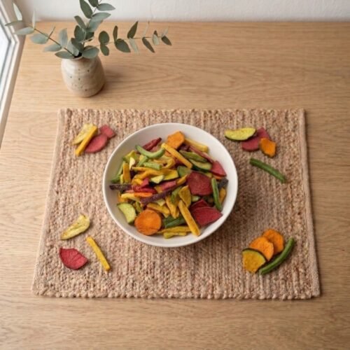 Top view flat lay of flavorful Vegetable Mix Masala Dehydrated on a placemat by Oasis Dry Fruits.