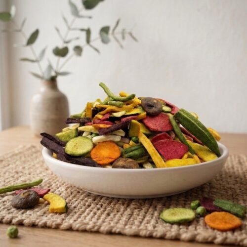 Side angle lifestyle shot of crunchy Vegetable Mix Masala Dehydrated in a bowl by Oasis Dry Fruits.