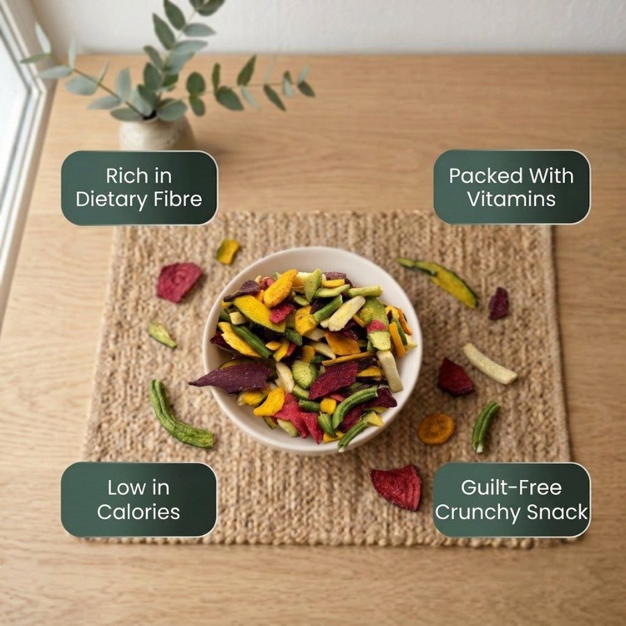 Infographic displaying health benefits of wholesome Vegetable Mix Salted Dehydrated by Oasis.