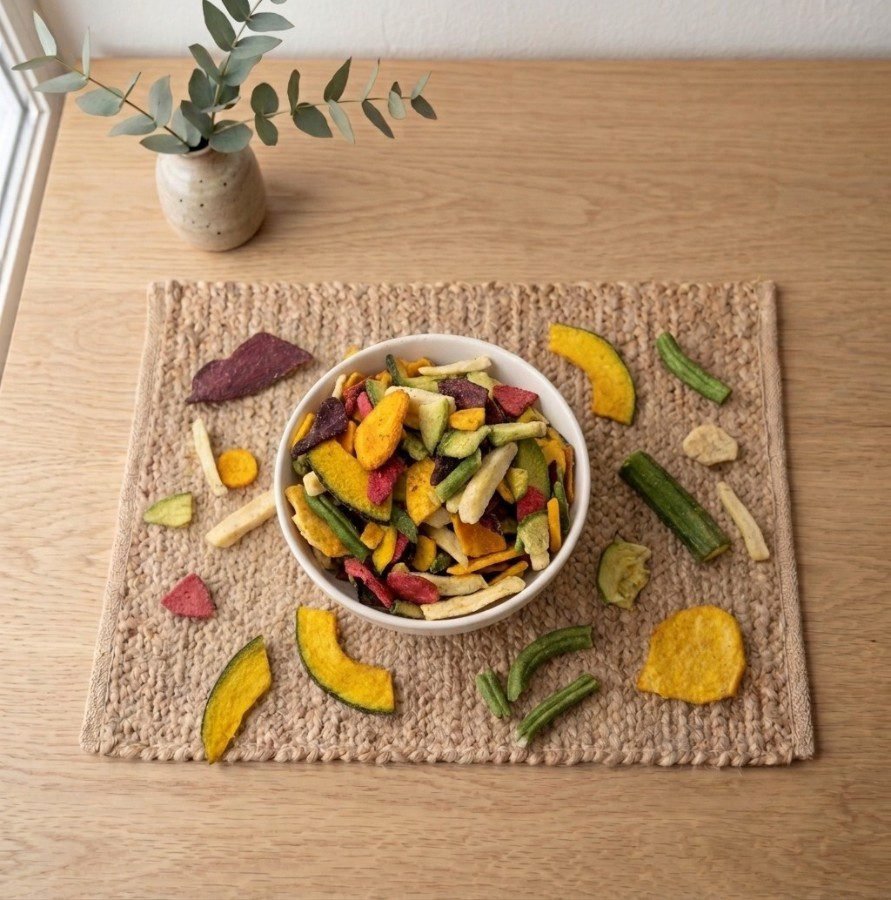 Top view flat lay of tasty Vegetable Mix Salted Dehydrated on a placemat by Oasis Dry Fruits.