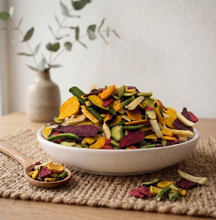 Side angle shot of a mound of savory Vegetable Mix Salted Dehydrated with a wooden spoon by Oasis.