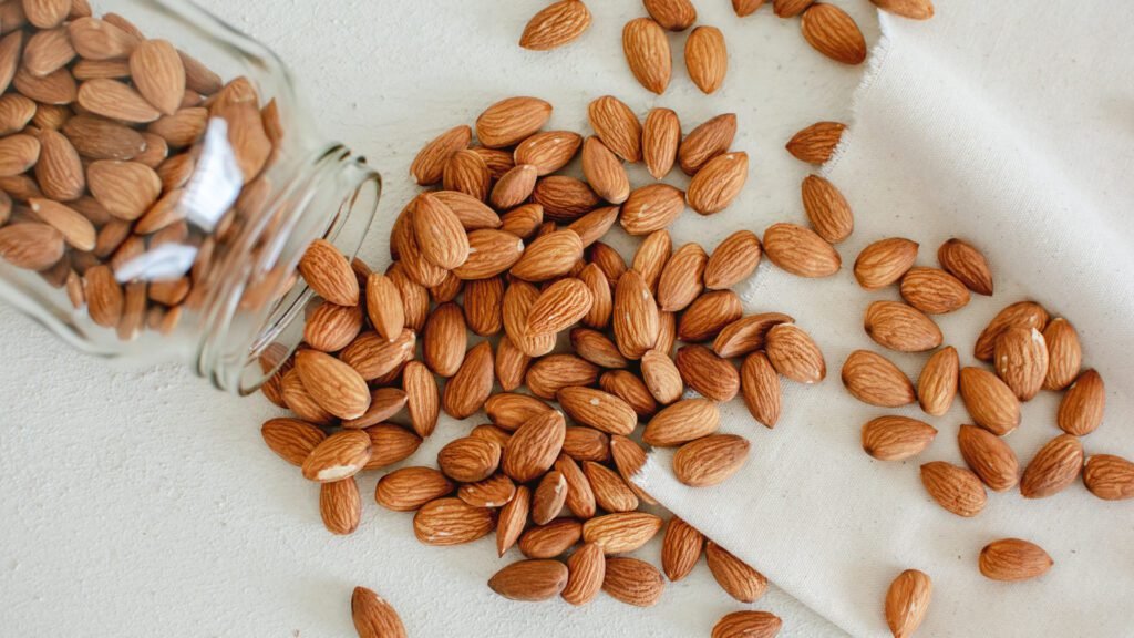 California almonds showing whole and split almond kernels