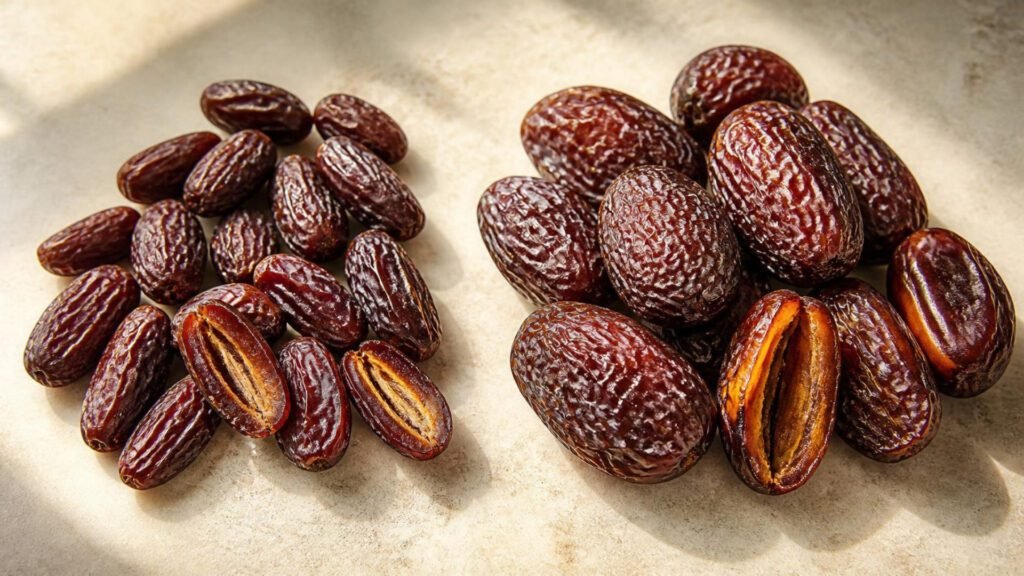 Kalmi dates and Medjool dates compared by size, color and texture