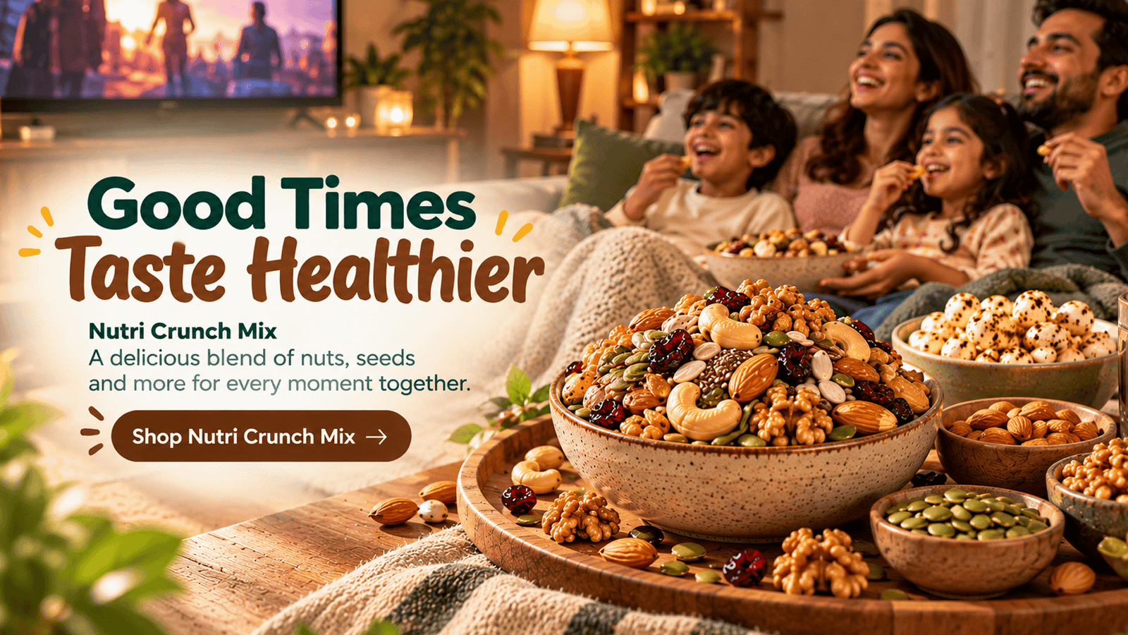 Oasis Dry Fruits promotional banner reading Good Times Taste Healthier featuring a bowl of mixed nuts, seeds, and dried fruits.