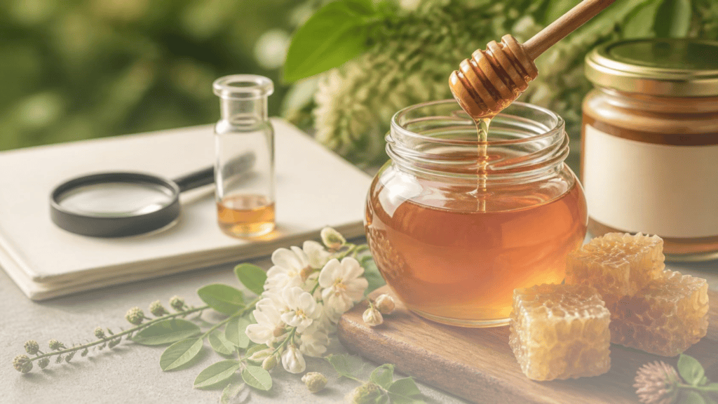 Glass jar of raw honey with a dipper, representing the best honey to buy online in India