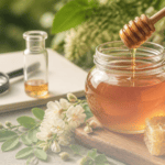 Glass jar of raw honey with a dipper, representing the best honey to buy online in India