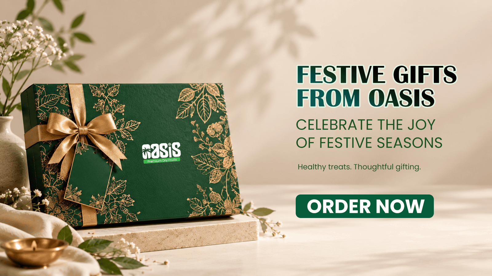 Festive Gifts from Oasis banner featuring luxury dry fruit gift boxes, festive hampers, and celebration packaging from Oasis Dry Fruits