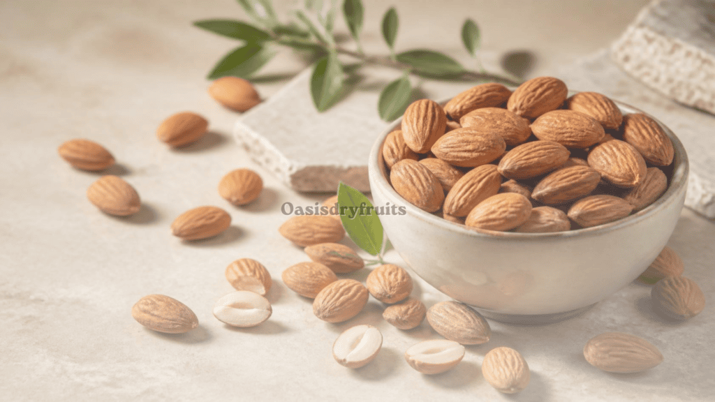 Fresh raw almonds and green leaves illustrating the health benefits of almonds.