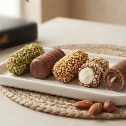 Barquillo almond and hazelnut wafer rolls cut open on a white tray