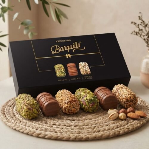 Barquillo Assorted Gift Box 180g with a row of pistachio, hazelnut and almond wafer rolls