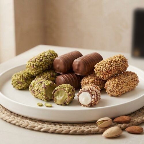 Barquillo pistachio and almond wafer rolls cut open on a white platter piled with rolls
