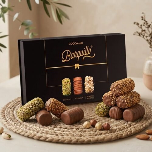 Barquillo Assorted Gift Box 320g with a stacked display of pistachio, hazelnut and almond rolls