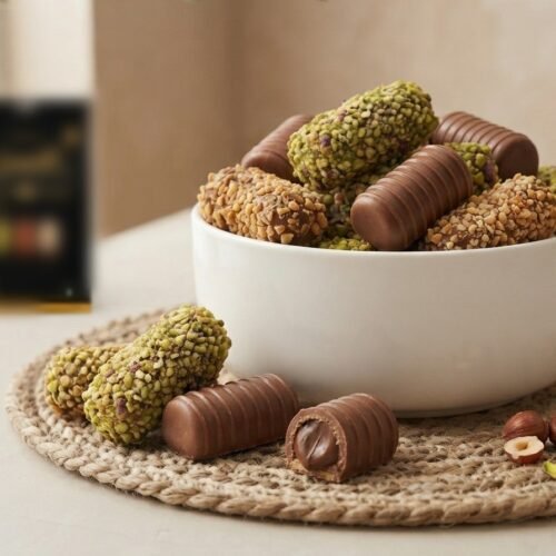 Bowl overflowing with Barquillo wafer rolls and a hazelnut roll cut open