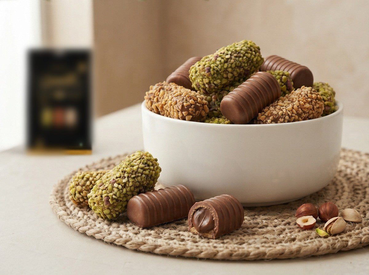 Bowl overflowing with Barquillo wafer rolls and a hazelnut roll cut open