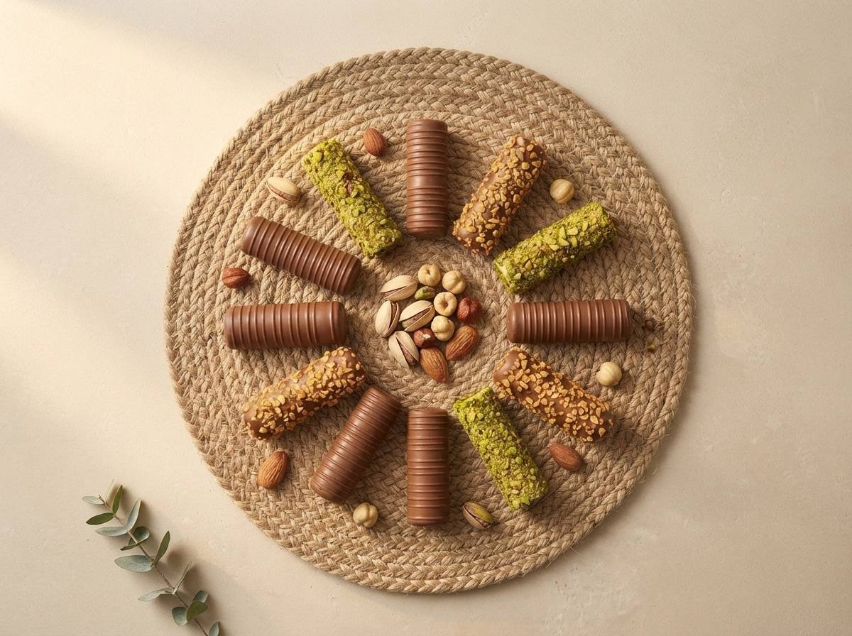 Barquillo pistachio, hazelnut and almond wafer rolls in a sunburst, top view