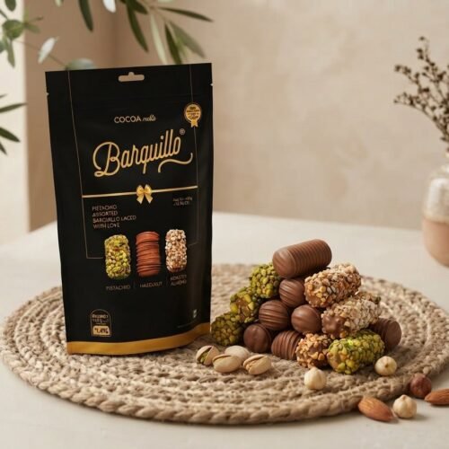 Barquillo Assorted Pouch 400g beside a generous pile of pistachio, hazelnut and almond rolls