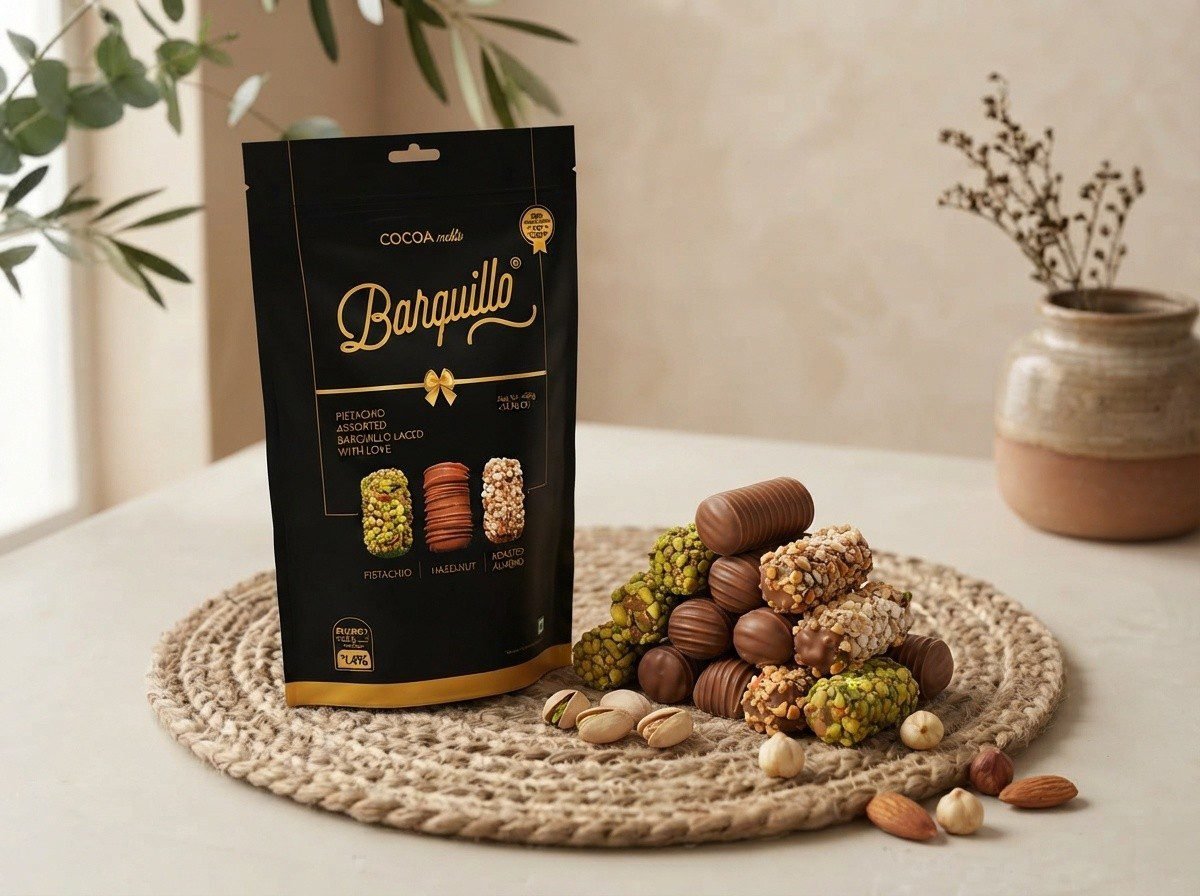 Barquillo Assorted Pouch 400g beside a generous pile of pistachio, hazelnut and almond rolls