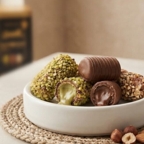 Barquillo pistachio and hazelnut wafer rolls cut open on a white dish