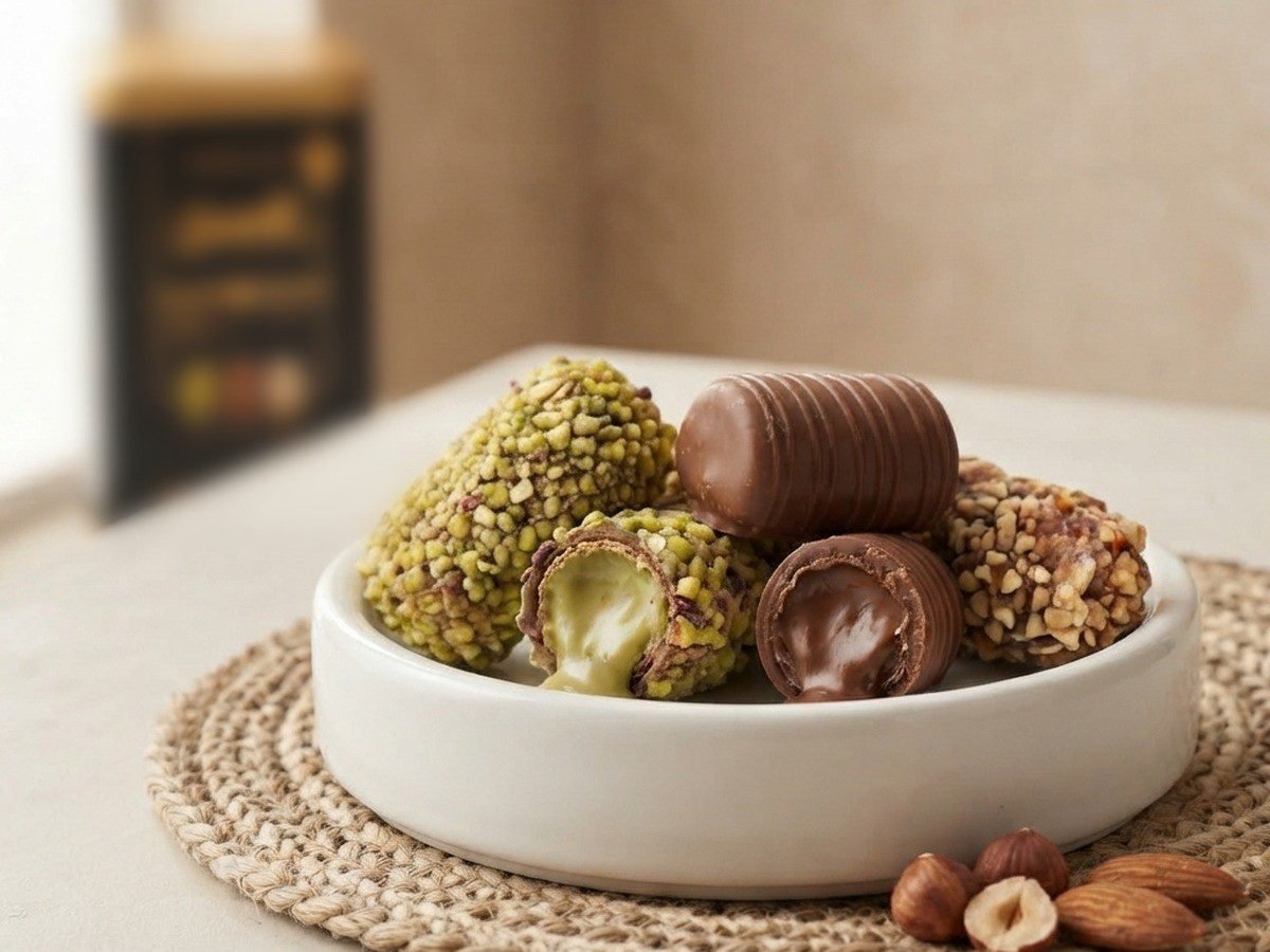 Barquillo pistachio and hazelnut wafer rolls cut open on a white dish