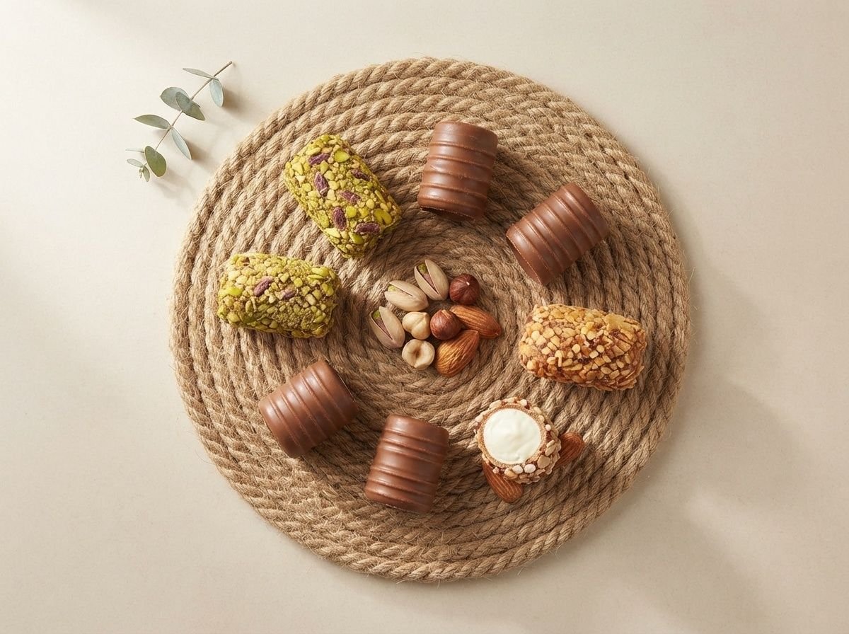 Barquillo assorted pistachio, hazelnut and almond wafer rolls, top view with whole nuts