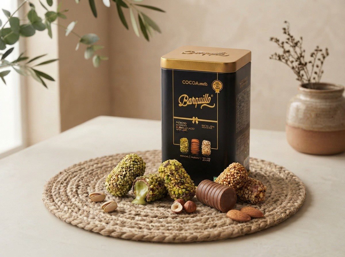 Barquillo Assorted Tin 200g with pistachio, hazelnut and almond chocolate wafer rolls