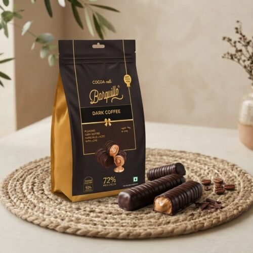Cocoa Melts Dark Coffee 100g pouch with dark chocolate wafer rolls and coffee beans