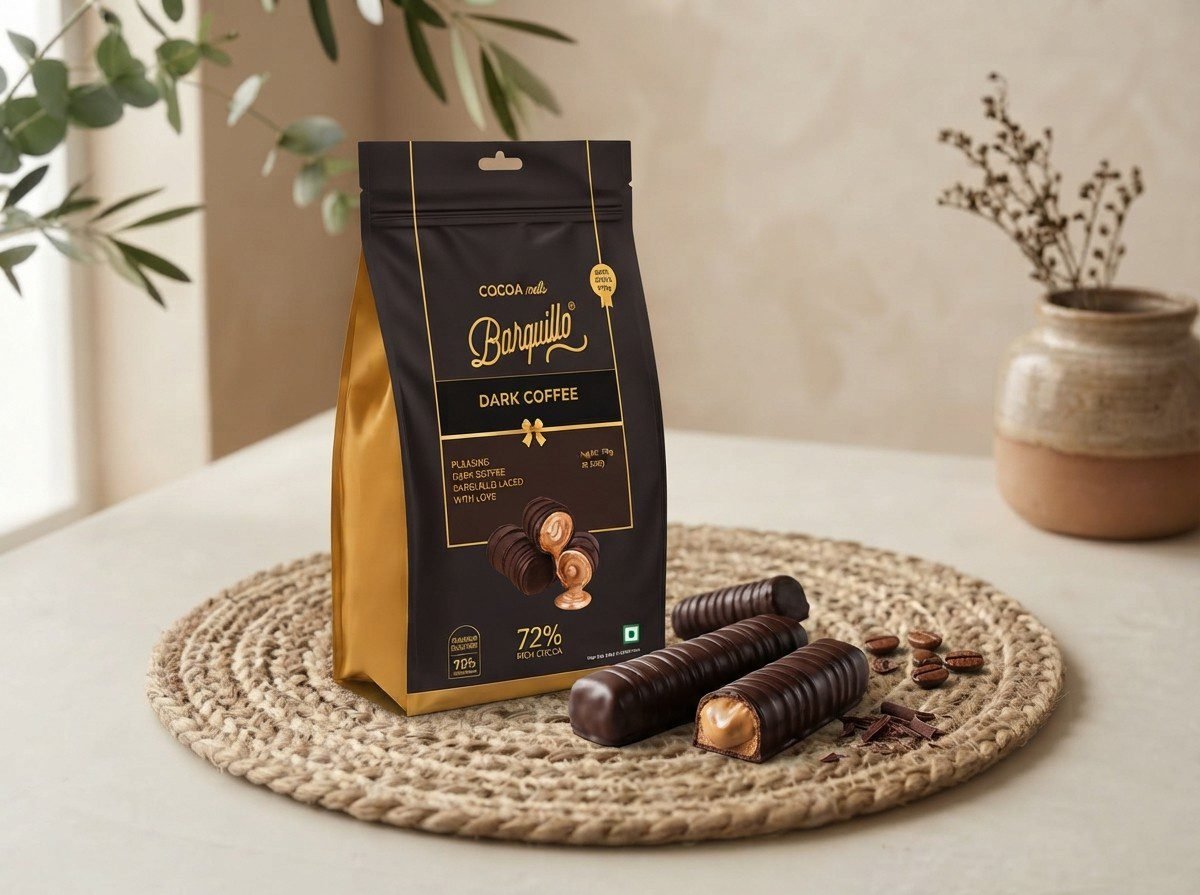 Cocoa Melts Dark Coffee 100g pouch with dark chocolate wafer rolls and coffee beans