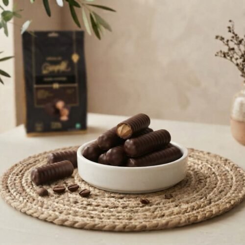 Cocoa Melts Dark Coffee wafer rolls in a white dish, one broken to show coffee cream