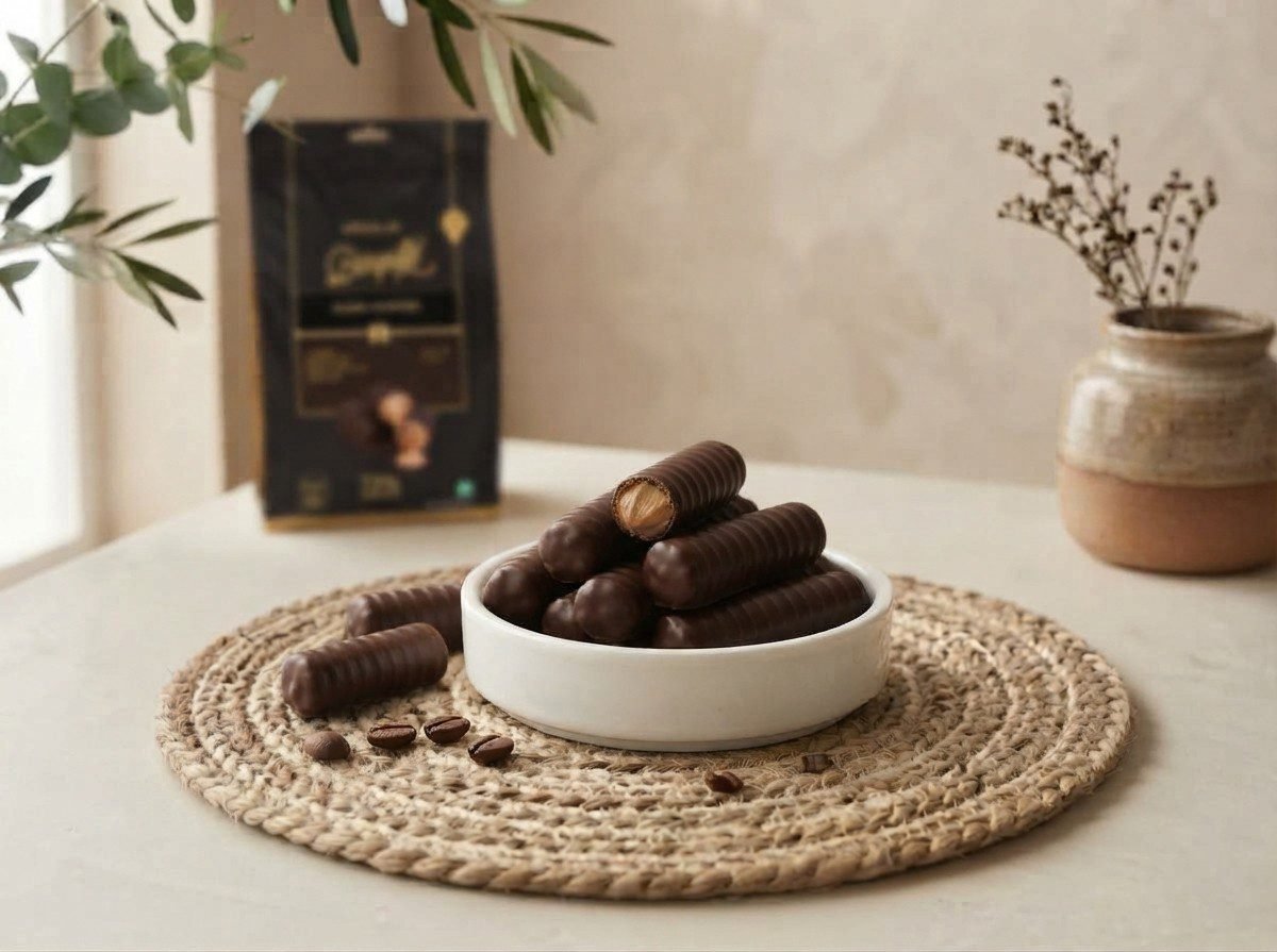 Cocoa Melts Dark Coffee wafer rolls in a white dish, one broken to show coffee cream