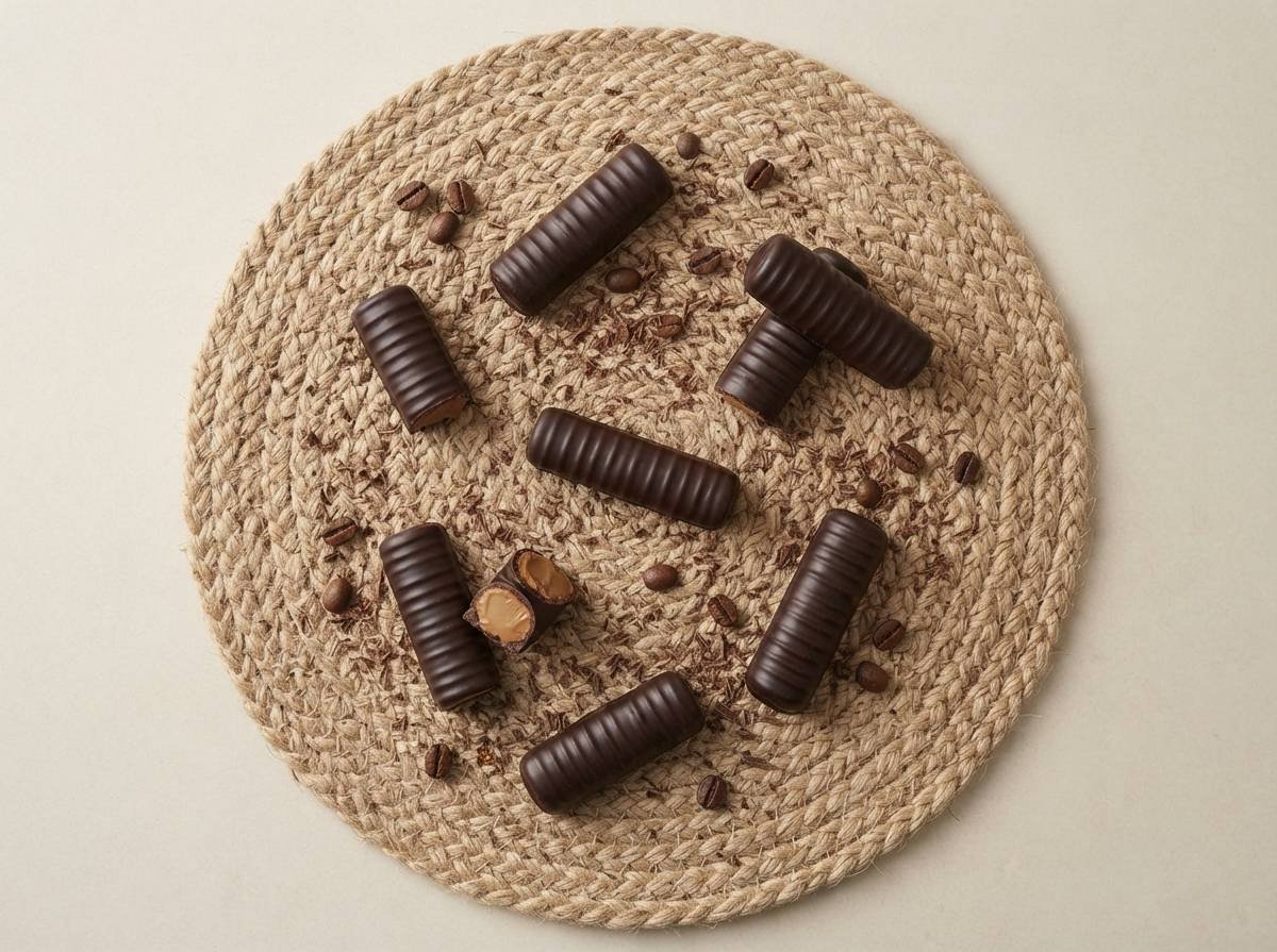 Top view of Cocoa Melts Dark Coffee wafer rolls with coffee beans on a jute mat