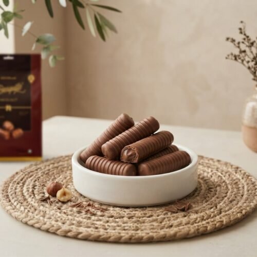 Cocoa Melts Hazelnut wafer rolls in a white dish, one broken to show hazelnut cream .