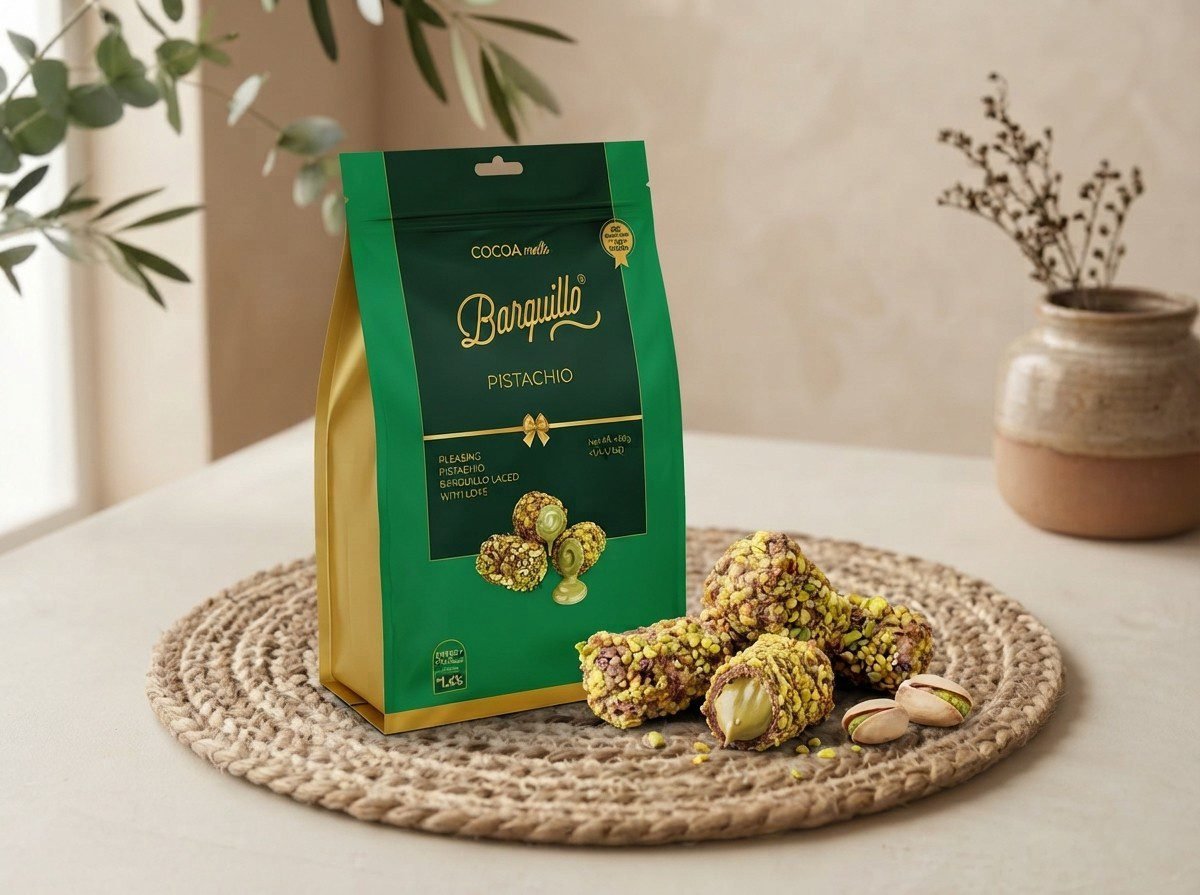 Cocoa Melts Pistachio 100g pouch with pistachio-crusted wafer rolls on a jute mat