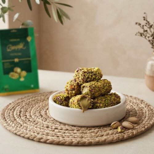 Cocoa Melts Pistachio wafer rolls in a white dish, one broken to show pistachio cream