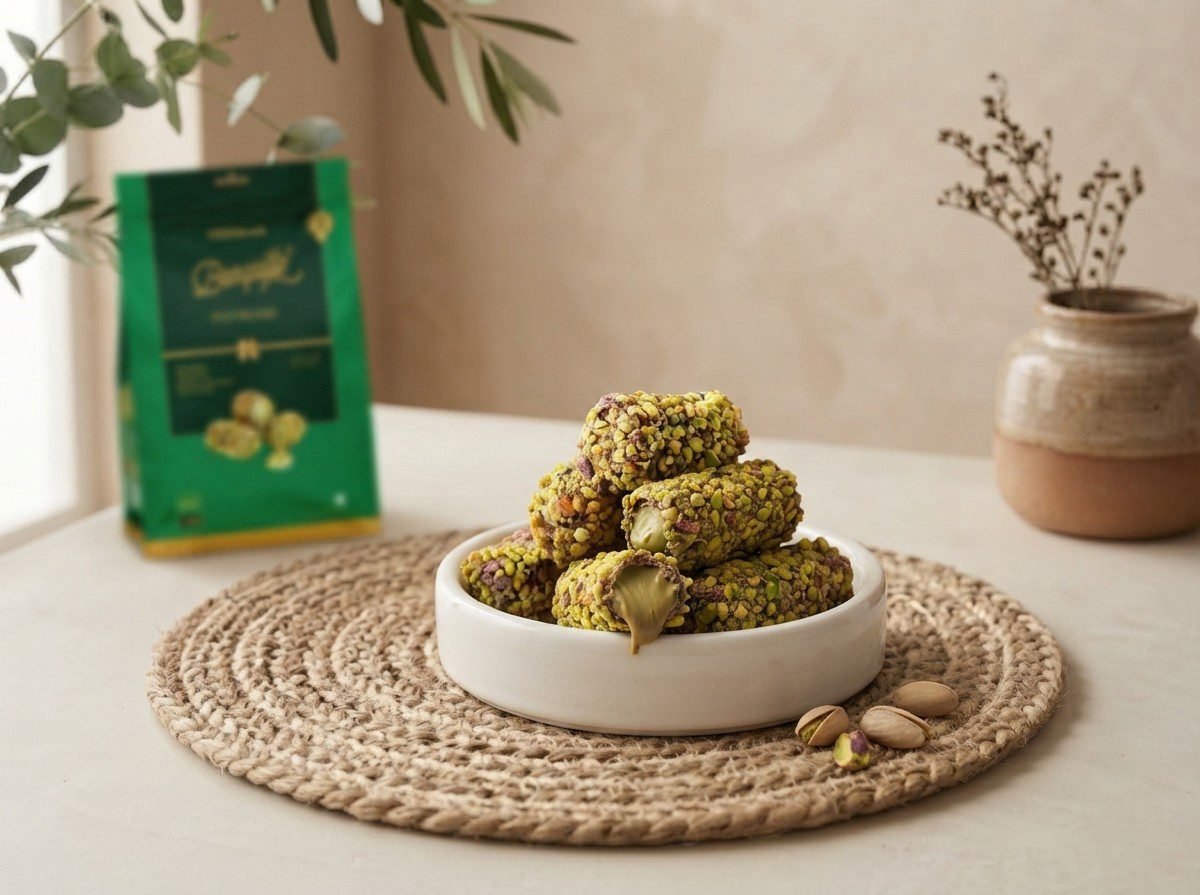 Cocoa Melts Pistachio wafer rolls in a white dish, one broken to show pistachio cream