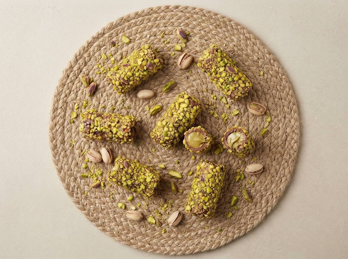 Top view of Cocoa Melts Pistachio wafer rolls with pistachios on a jute mat