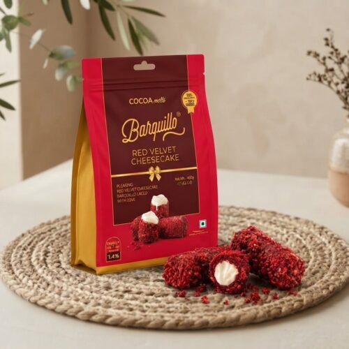 Cocoa Melts Red Velvet Cheesecake 100g pouch with red velvet wafer rolls