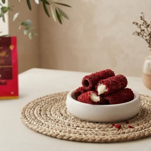Cocoa Melts Red Velvet Cheesecake wafer rolls broken to show cream cheese filling