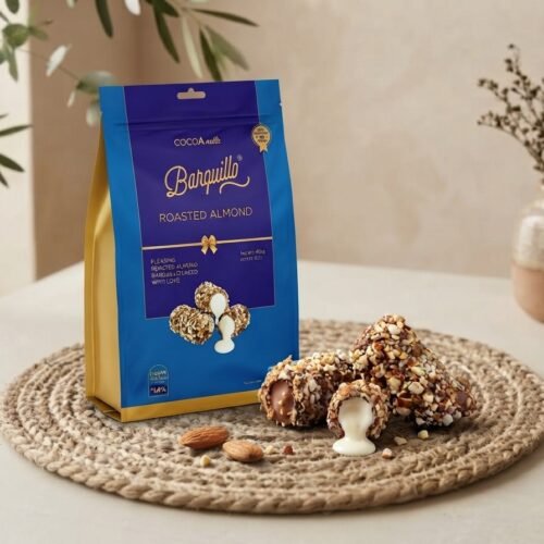 Cocoa Melts Roasted Almond 100g pouch with almond-crusted chocolate wafer rolls