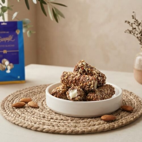 Cocoa Melts Roasted Almond wafer rolls in a white dish, one broken to show cream filling