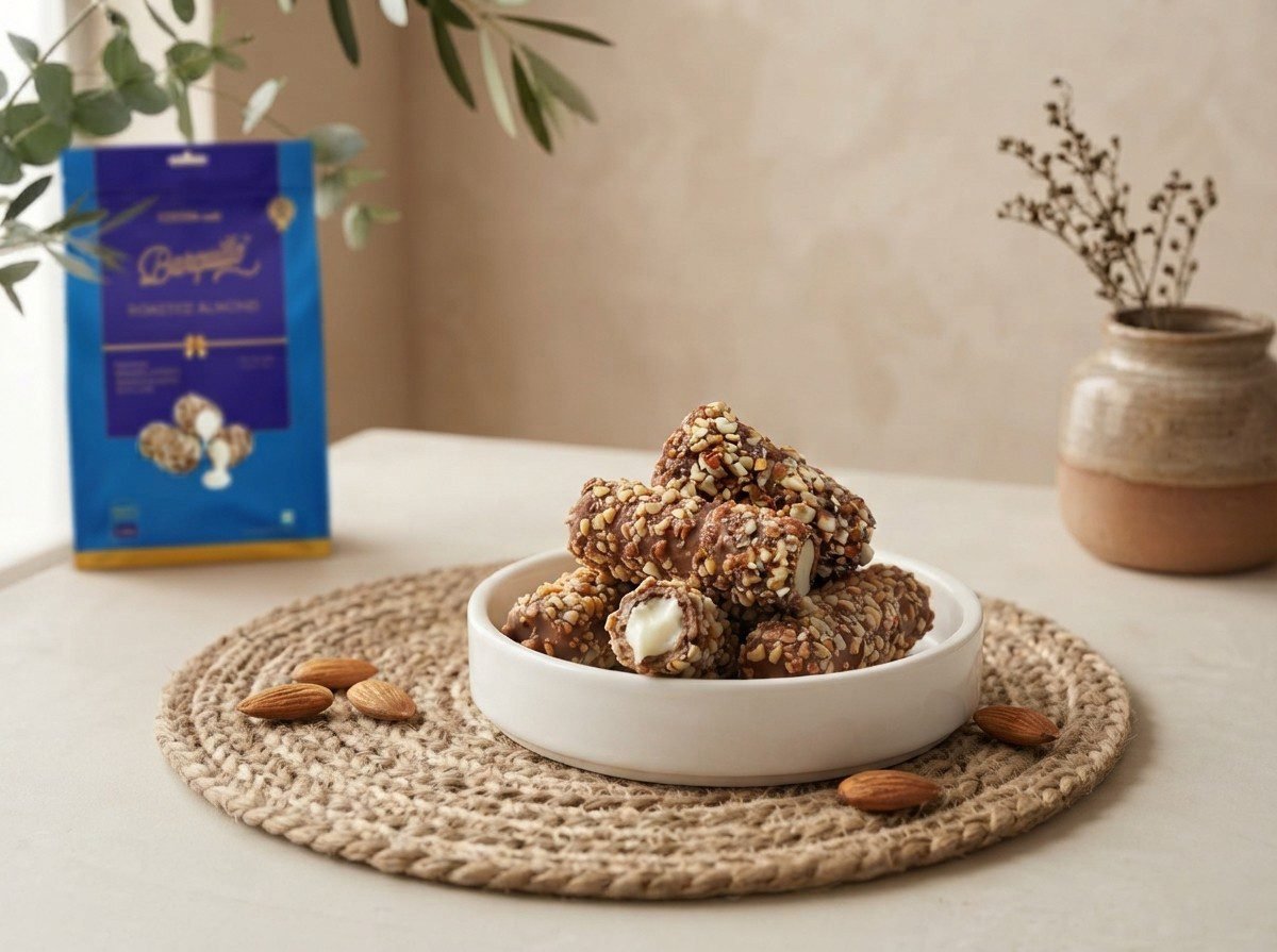 Cocoa Melts Roasted Almond wafer rolls in a white dish, one broken to show cream filling