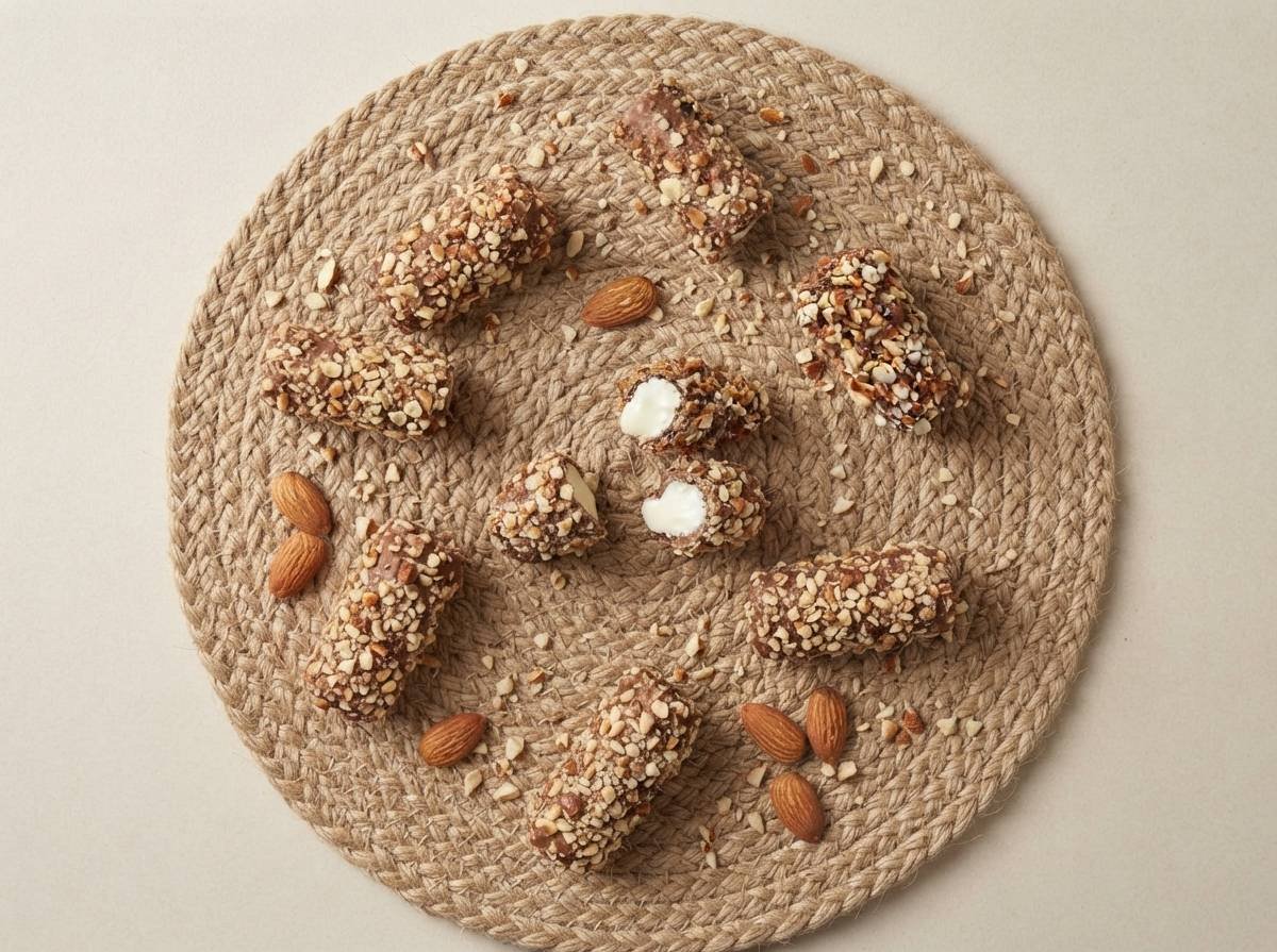 Top view of Cocoa Melts Roasted Almond wafer rolls with almonds on a jute mat