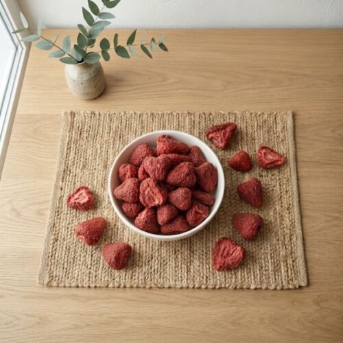 Top view flat lay of sweet Dried Strawberry (Loose) on a placemat by Oasis Dry Fruits