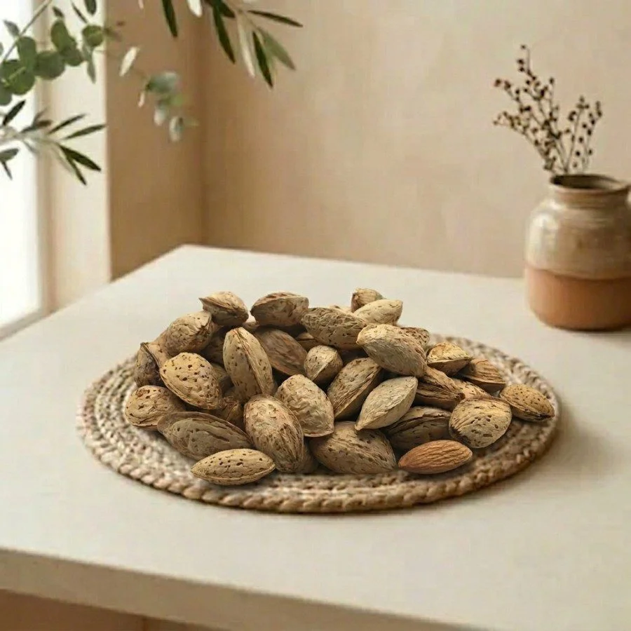 Side angle shot of Kashmiri Almonds With Shells on a woven placemat by Oasis Dry Fruits.