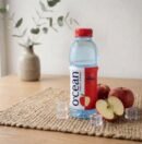 Ocean Fruit Drink Apple chilled bottle with fresh red apples and ice cubes