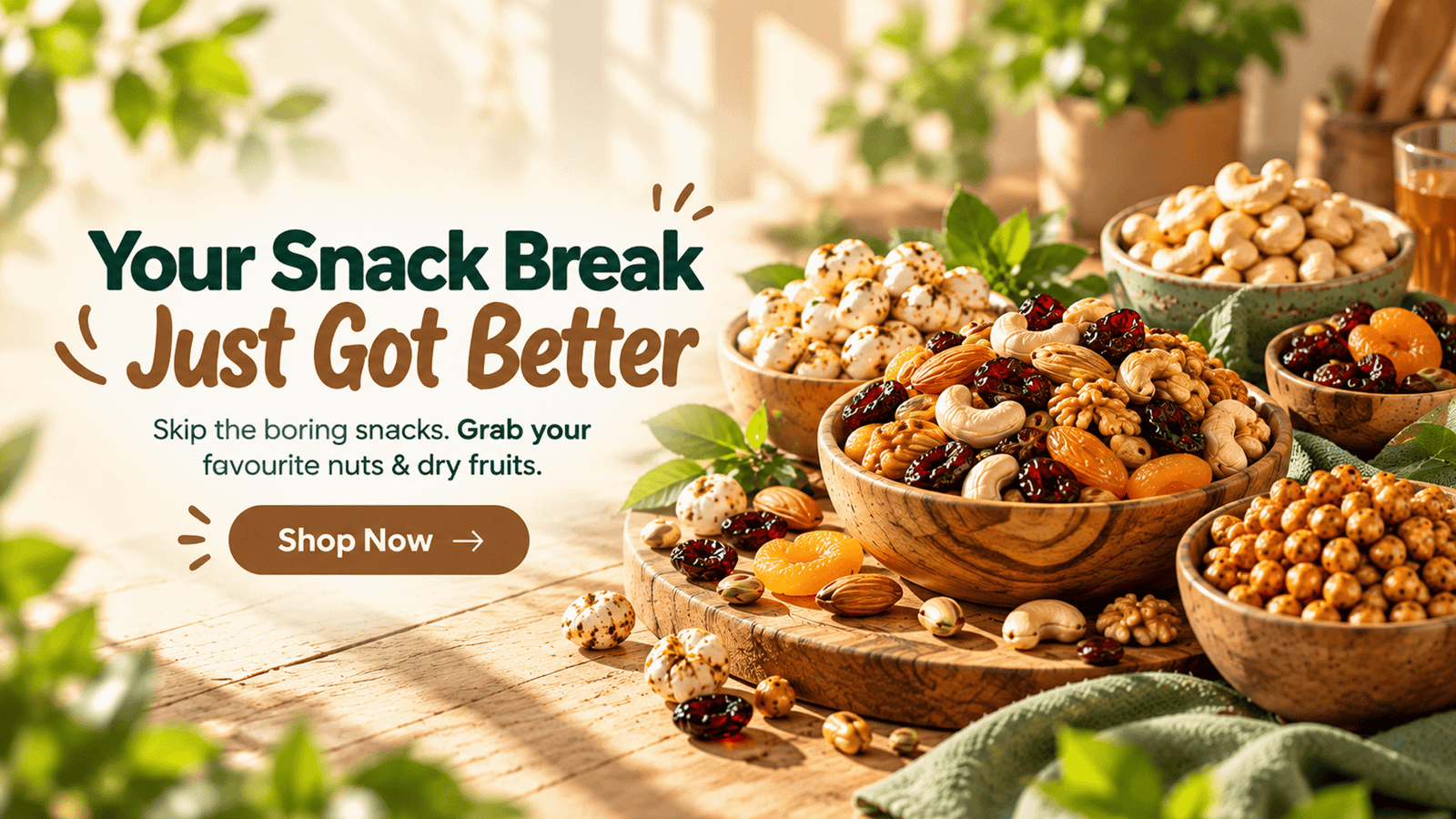 Oasis Dry Fruits promotional banner reading Snack Break Just Got Better featuring a bowl of mixed nuts and healthy snacks.